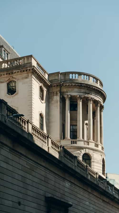 Classical bank building exterior with Corinthian columns